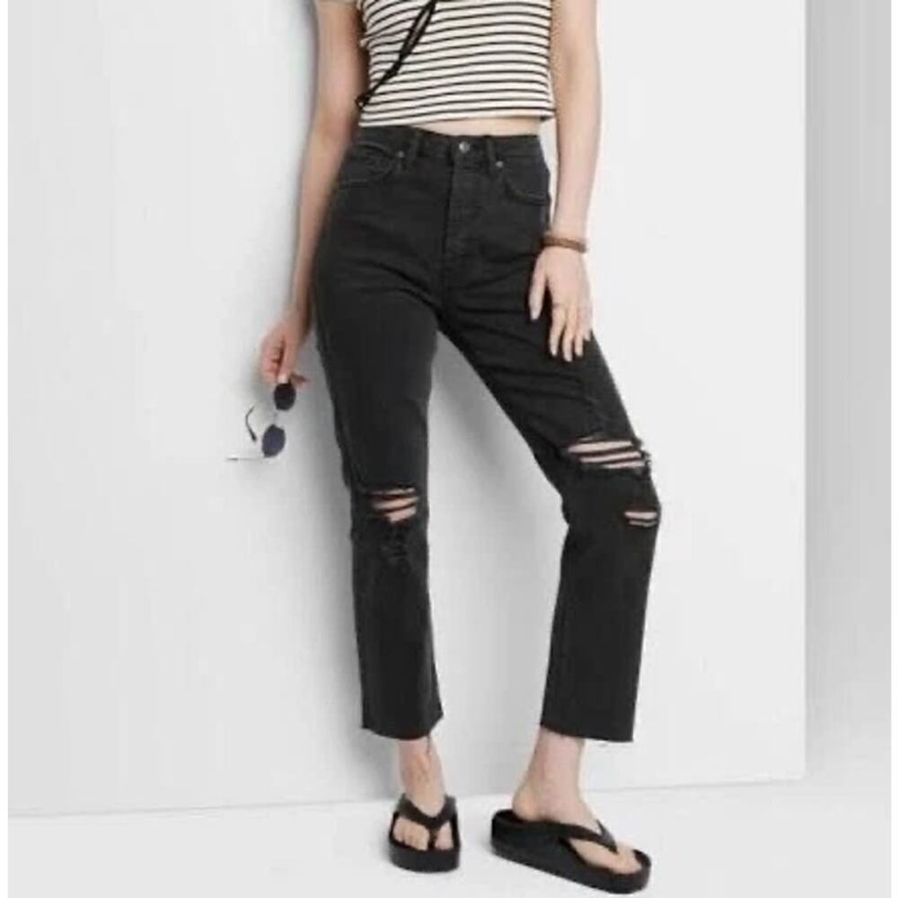 Wild Fable Women's Black Wash Super High Rise Distressed Straight Jeans Size 2